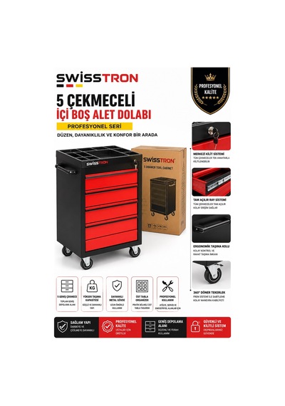 Swisstron Sws5dmax Atölye Takım Arabası 5 Çekmeceli Kilitli Tekerlekli Alet Dolabı Teleskopik Ray