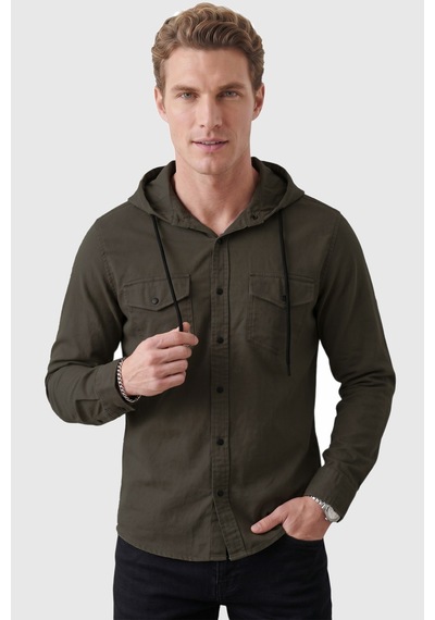 Rizzup Haki Kapüşonlu Likralı Kot Gömlek Slim Fit Çıt Çıt Kapamalı Erkek Gömlek 2300396