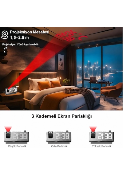 Valkyrie Projeksiyonlu Dijital Alarm Saat Dahili Bataryalı Led Ekranlı Usb Şarj Çıkışlı Siyah