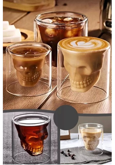 3'lü Kuru Kafa Tasarımlı Çift Cidarlı Cam Bardak Kahve Sunum Bar