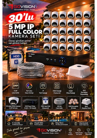Go Vision 30'lu Güvenlik Dome Ip Kamera Seti - 5mp Dome Kamera, 3.6mm Lens, H.265, Poe, Warm Led Gece Görüşlü