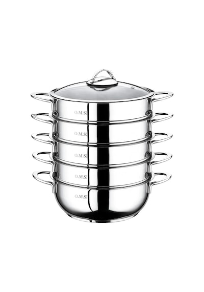 6 Parça Paslanmaz Çelik, Cam Kapaklı 32x10 Cm - 7 Litre Buharlı Pişirici, Mantı Tenceresi Gümüş