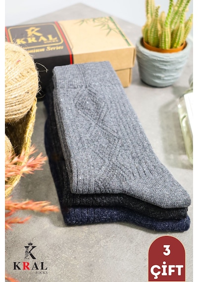 Kral Socks Erkek Koyun Yünlü Lambswool Kışlık 3'lü Kutulu Dikişsiz Çorap Asorti