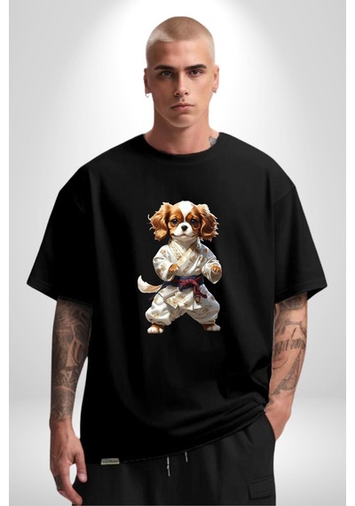 Cavailer King Charles Spaniel Karate Pamuklu Bisiklet Yaka Unisex Oversize Boyfriend Dijital Baskılı Siyah T-shirt Siyah