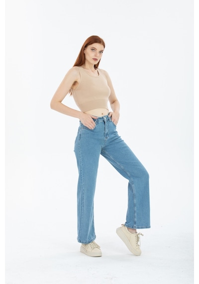 90's Kar Yıkama Kar Mavi Likralı Süper Yüksek Bel Wide Leg Salaş Jeans Palazzo Pantolon