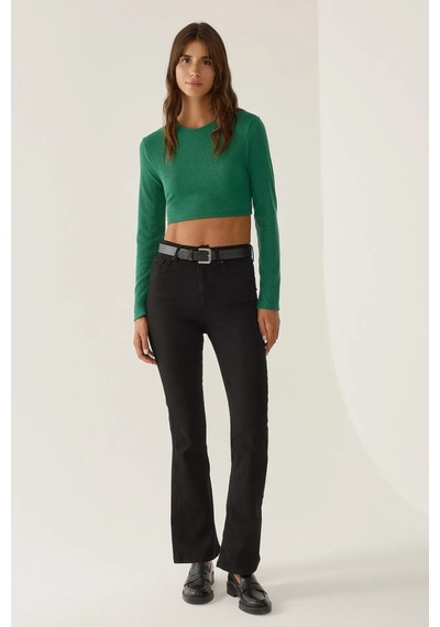 Hiccup Slim Fit Örme Crop Bluz Yeşil