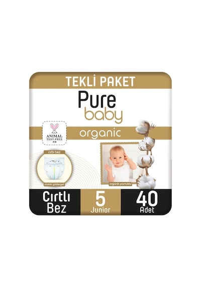 Pure Baby Organik Pamuklu Cırtlı Bez Tekli Paket 5 Numara  Junior 40 Adet