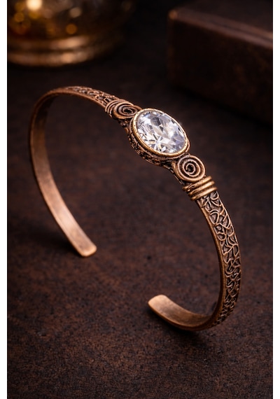 Kadın Bakır Bileklik Doğal Beyaz Zirkon Taşlı Oval Model Bakır Bilezik Diğer