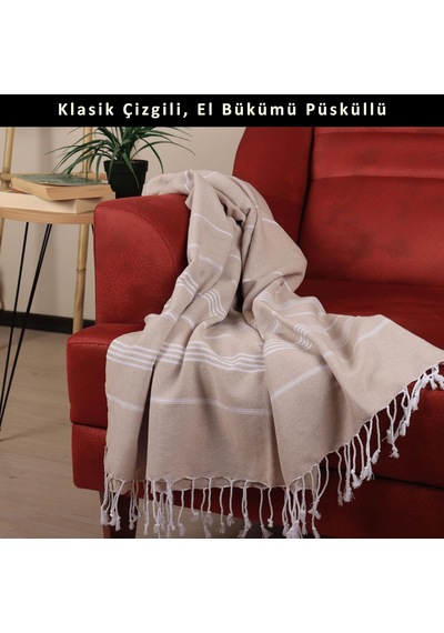 Püskül İnce Plaj Havlusu, Klasik Çizgili Peştemal Banyo Havlusu