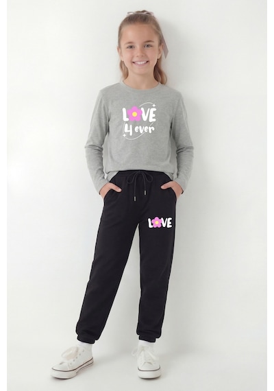 Panios Kids 3'lü Yuvarlak Yaka Sweatshirt Siyah Eşofmanlı Baskı Detaylı 6 Parça Kız Çocuk Alt Üst Takım Gri - Sarı