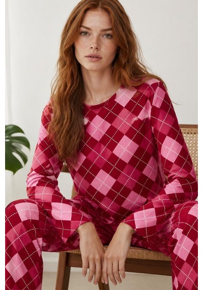 Kadın Çizgili Regular Fit Kırmızı Pijama Takımı 4766
