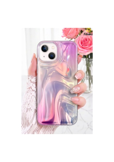 Fibaks iPhone 13/14/15 Uyumlu Kılıf Rüya Shine Saten Dokulu Renk Geçişli Hologram Efektli 3d Baskılı Silikon
