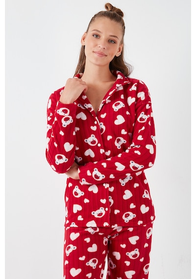 Lela Standart Fit Düğmeli Polarlı Bayan Pijama Takımı 6095617 Kırmızı