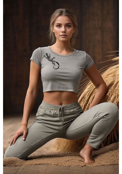 Squitee Tribal Kertenkele Baskılı Gri Melanj Crop Top - Beden: Xs