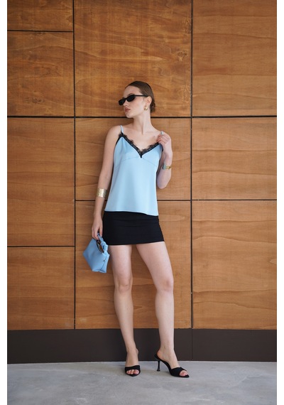 Verymoda Dantel Detaylı Saten Atlet - D2929 Mavi
