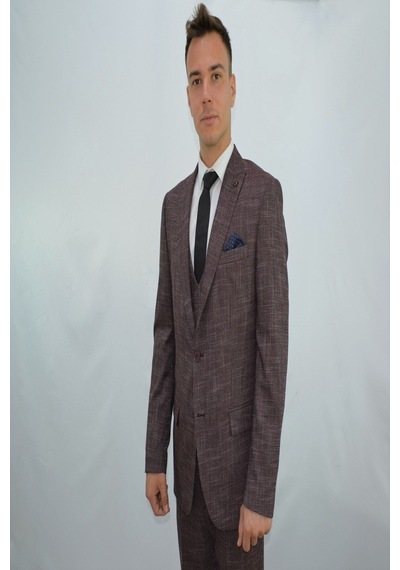Presto Erkek Yelekli Slimfit Takım Elbise 6 Drop Bordo-777-800 Bordo