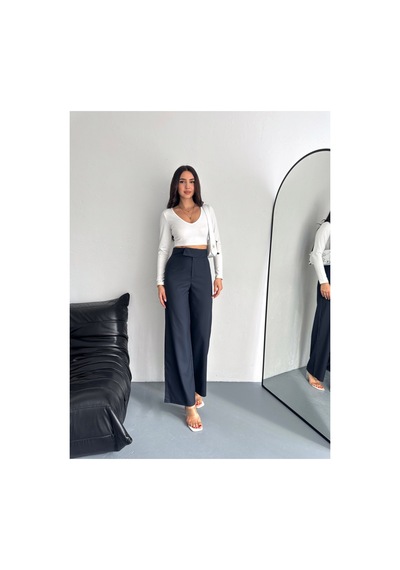 Gugus Kadın Cepsiz Dokuma Kumaş Pantolon Beli Cırtlı Bol Paça Wide Leg Model Lacivert