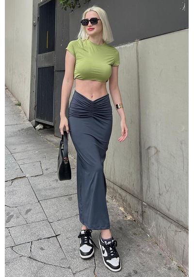 Madmext Füme Önden Büzgülü Midi Etek Mg2084 Füme