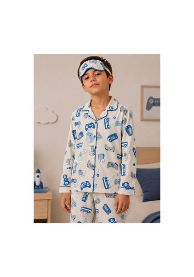 Free Beka Erkek Çocuk Önden Düğmeli Konsol Desenli Uzun Kollu Pijama Takımı Ve Göz Bandı Krem