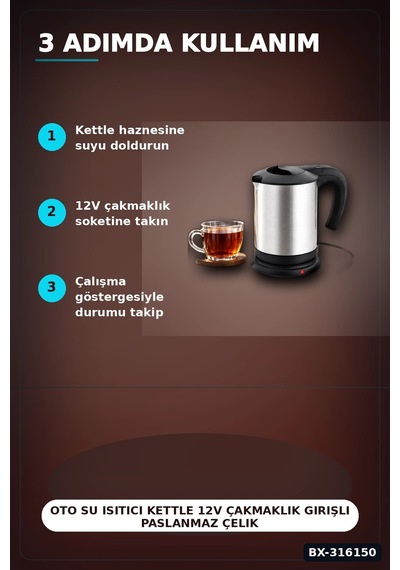 Oto Su Isıtıcı Kettle 12v Çakmaklık Girişli Paslanmaz Çelik Seyahat Tipi Bx-316150