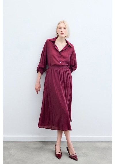 Sateen Kraşlı Kloş Etek - Bordo-136222 Bordo