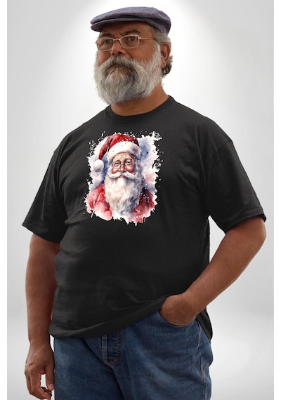 Angemiel Mutlu Noel Baba Yeni Yıl Tasarımı Siyah Büyük Beden Erkek Kadın Unisex Basic Ön Baskılı Tişört Siyah