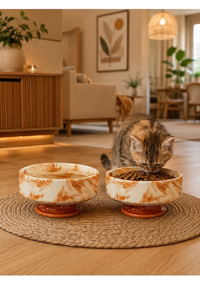 Mama Kabı Kedi Ve Köpek Ayaklı 2 Li Seramik Doğal Mama Ve Su Kabı Kahverengi Marble