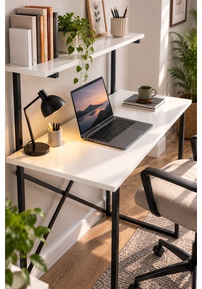 Sulorahome Raflı Çalışma Masası Beyaz Ve Siyah Metal Ayaklı Beyaz - Siyah Sulorahome Raflı Çalışma Masası Beyaz Ve Siyah Metal Ayaklı Beyaz - Siyah