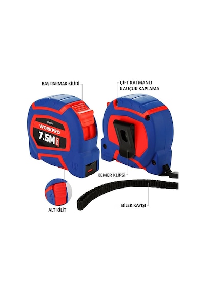 Workpro Wp261010 7,5mx25mm/25ft. Naylon Kaplama Sarı Çelik Şerit Metre Diğer