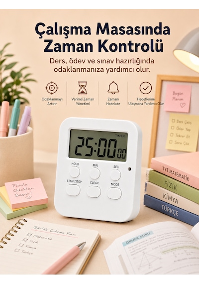 Öğrenci Ders Çalışma Saati Kronometreli Araç Saati Mutfak Buzdolabı Magnet Saat Sınavlara Hazırlık Beyaz