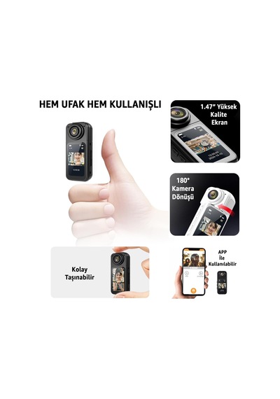 Robeve Mini Taşınabilir Aksiyon Kamera 2.7k Ultra Hd Video 180 Döner Lens Wi-fi Bağlantılı 1.47 Hd Ekran Siyah