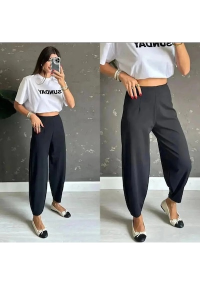 DefyModa Kadın Krep Kumaş Balon Pantolon Siyah