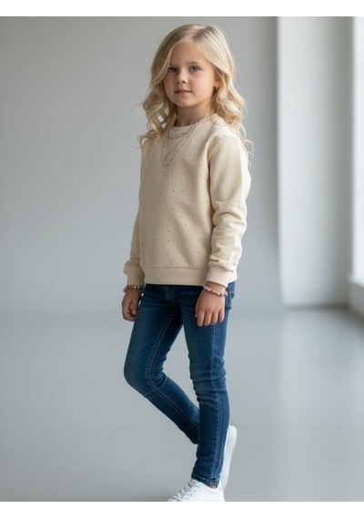 Kız Çocuk Pamuklu Taşlı Sweatshirt-16747 KREM