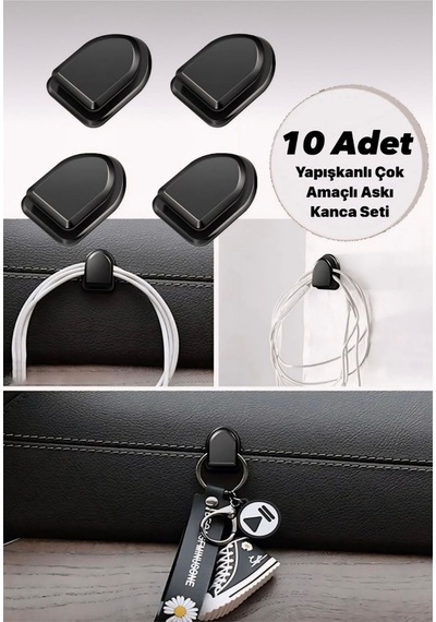 Çok Amaçlı Kanca Seti 10 Adet / Araç - Karavan -ofis-banyo İçin Yapışkanlı Askı Seti Siyah