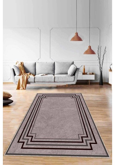 Bej Çerçeveli Kaymaz Tabanlı Makinede Yıkanabilir Halı Rv051n11