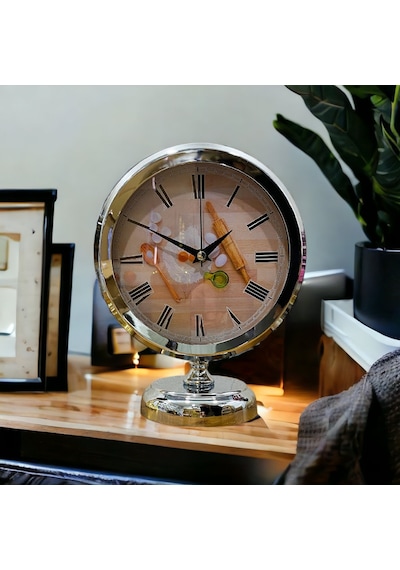 Krom Metal Ofis Salon Otel Masa Saati 25*20 cm V4 Krom