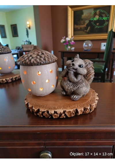 Rustik Sincap Figürlü Meşe Palamudu Mumluk Tealight Led Mum Hediyeli 17 14 13 Cm 17 14 13 Cm