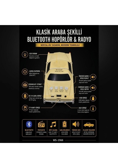 Buffer Retro Amerikan Klasik Araba Bluetooth Hoparlör, Işıklı Nostaljik Radyo Ve Kablosuz Müzik Çalar
