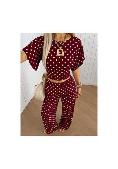 Wild Flower Kadın Puantiyeli İkili Takım Crop Bluz Bol Paça Pantolon Bordo