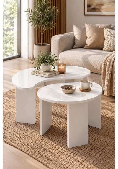 Sulorahome 2'li Oval Modern Orta Sehpa Seti Beyaz