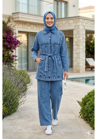Hb Harma Time Butik Kadın Kuşaklı Taş İşlemeli Kot Mavi Tunik Pantolon İkili Takım