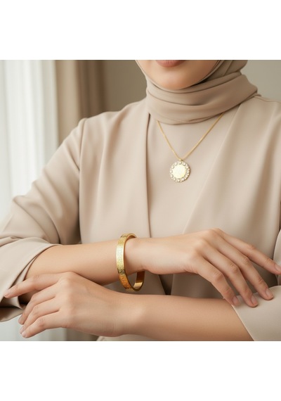 Taşlı Allah Yazılı Kolye Ve Ayetel Kürsi Bileklik Seti Gold Çelik İslami Takı Altın