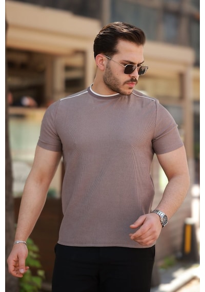 Suma Erkek Omuzlar Çizgi Detaylı Kısa Kollu T-shirt Pudra