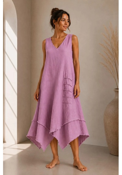 Bb Butik Basic İtalyan Keten V Yaka Asimetrik Salaş Elbise Dm0935 Pudra