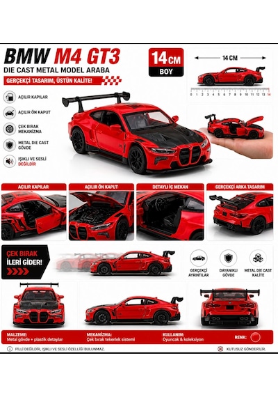 Oyuncak Spor Araba 14 Cm Metal Diecast Model Çek Bırak Açılır Kapı Bmw M4 Gt3 Competition Kırmızı