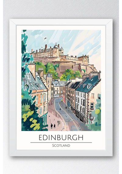 İskoçya Edinburgh Temalı Çerçeveli Tablo Travel Serisi Modern İllüstrasyon Şehir Duvar Dekoru Beyaz