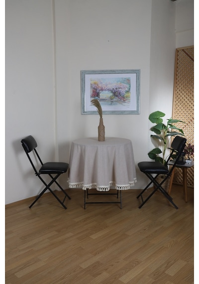 Dnc Home Tekstil  Bej Ham Ponponlu Yuvarlak Masa Örtüsü Bej