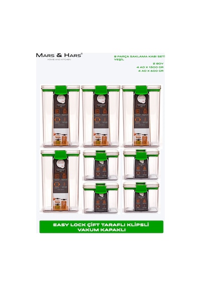 8'li Sızdırmaz, Çift Kilit Klipsli, Vakum Kapaklı, Erzak, Baharat Saklama Kabı 4 Orta +4 Küçük Yeşil