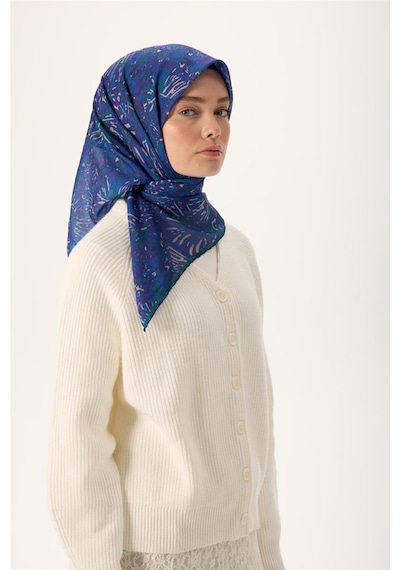 Silk Home İnce Pamuk Soft Eşarp Mor-patina Yeşili Desenli Kaymaz Dokulu Tok Duruşlu 90x90 Çok Renkli
