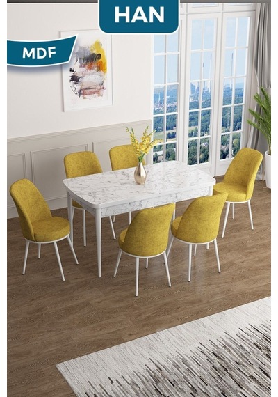 Canisa Han Serisi, 70x114 Açılabilir Mdf Masa Takımı, Beyaz Mermer Desen Masa Ve 6 Hardal Sandalye Masa Beyaz Mermer Desen Sandalye Hardal Canisa Han Serisi, 70x114 Açılabilir Mdf Masa Takımı, Beyaz Mermer Desen Masa Ve 6 Hardal Sandalye Masa Beyaz Mermer Desen Sandalye Hardal